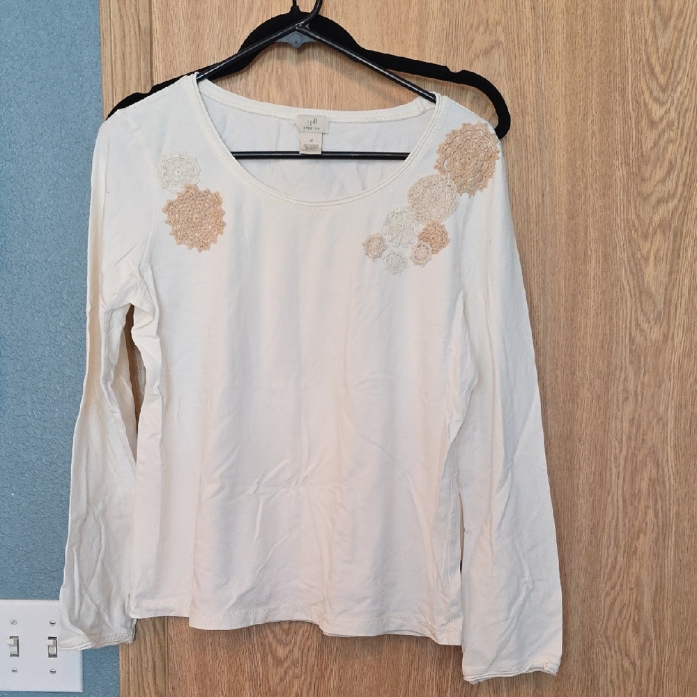 J. Jill Cream Long Sleeve Top with Floral Details
